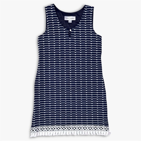 Sara Campbell Dresses & Skirts - Sara Campbell Navy Stripe Shift Dress Tassel Fringe Hem Fully Lined Stretch M
